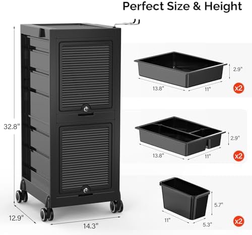 OmySalon Salon Trolley Cart, Hair Stylist Station with 2 Lockable Doors, Rolling Hair Cart Organizer with Drawers & Bucket & Dryer Holder, Barber Shop Hairdressing Beauty Tattoo Versatile Equipment - Image 3
