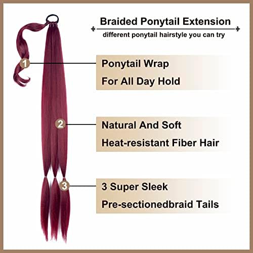 34 Inch Burgundy Long Braided Ponytail Extension with Hair Tie for Women - Image 3