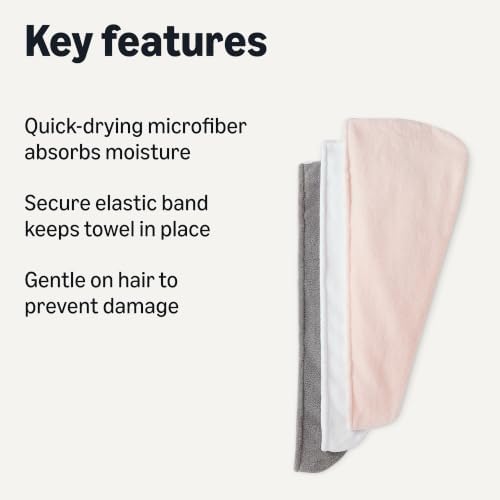 Amazon Basics Quick Dry Microfiber Hair Towel Wrap, Hair Drying Towel, White/Grey/Pink, 3-Pack - Image 2