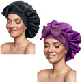 Satin Silk Hair Bonnet for Sleeping Large Bonnets with Tie Band Wrap with Adjustable Straps Night Sleep Caps for Women Curly Braid Hair (Black,Purple) by GiLi