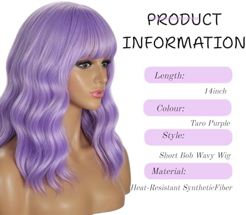 Sebast Pastel Bob Wigs with Bangs for Women Loose Wavy Wig Pastel Wavy Shoulder Length Bob Synthetic Cosplay Wig for Girl Colorful Costume Wigs (Taro Purple) - Image 2