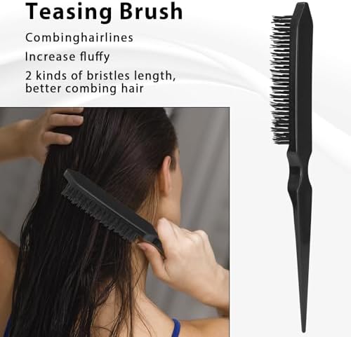 Hair Brush Set, Hair Brushes for Women Men kid Wet Dry All Hair Detangling Parting Styling, Brush Set with Detangler Brush, Edge Brush, Teasing brush, Rat Tail Comb (Black) - Image 6
