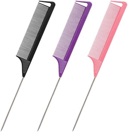 Rat Tail Combs Set: 3Pcs Long Steel Pin Teasing Combs for Salon Hair Stylists, Metal Parting Combs for Women (Purple, Black, Pink) by Kunihiko