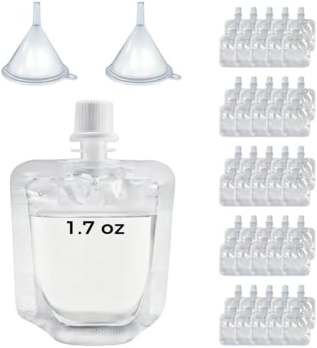 50-Pack Reusable Plastic Flasks – 1.7 oz Leak-Proof Drink Pouches with Funnel, Transparent PA+PE Heat/Cold Resistant, Ideal for Travel, Parties, and Concealed Liquor/Juice Storage by Loiyiss