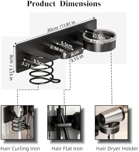 Hair Dryer Holder Wall Mounted Blow Dryer Holder Curling Iron Holder Straightener Holder 3 in 1 Bathroom Metal Hair Tool Organizer Rack（Black） - Image 4