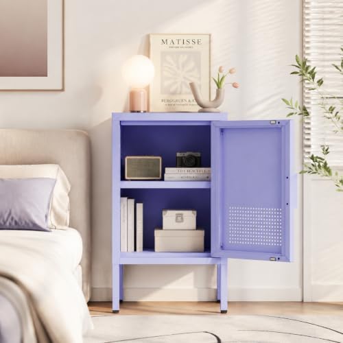 Purple Metal Freestanding Nightstand Cabinet, Ventilated Single Door End Table with Adjustable Shelf & 2-Tier Storage for Bedroom Living Room Entryway Office - Image 3