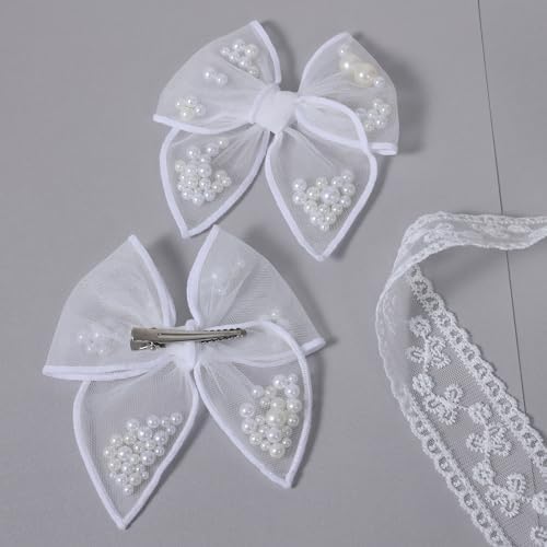 White Pearl Fable Hair Bow Clips for Girls Wedding 4" Mesh Tulle Ribbon Shaker Bow Alligator Hairpins Teens Women Pageant 1st Communion Party Dress Decor Accessory Gift - Image 6