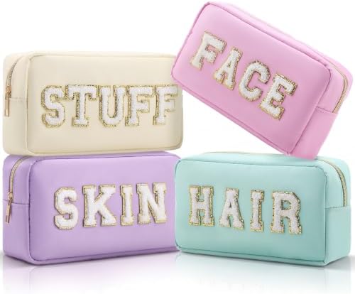 Remerry 4 Pcs Nylon Makeup Bags Waterproof Spacious Travel Cosmetic Bag for Women Chenille Letter Preppy Zipper Pouch Face Stuff Skin Hair Organizer Gift(Dark Green, Light Green, Orange, Yellow) by Remerry
