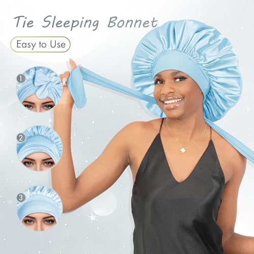 BONNET QUEEN XL Large Silk Like Bonnet for Sleeping for Curly Hair,Satin Bonnet with Adjustable Tie Band, Light Blue - Image 4
