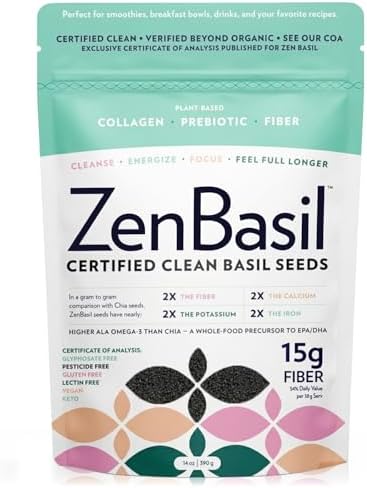 Zen Basil Seeds | edible basil seeds, kosher, non-gmo, lectin free, gluten free, plant based, keto, paleo, vegan | 15g fiber per/serv | 14oz | more fiber than chia seeds | prebiotic - Image 4