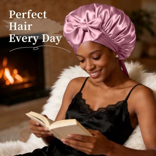 Silk Bonnet for Women, Satin Bonnet for Sleeping, Large Sleep Cap with Elastic Tie Band for Curly Hair, Pink - Image 3