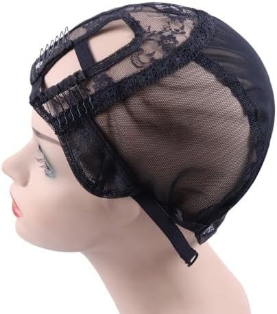YANTAISIYU 1Pc Right U Part Weaving Wig Cap with Elastic Band and 2 Hair Clips Front for Wig Making Hair Extensions Weft DIY (Black L) - Image 3