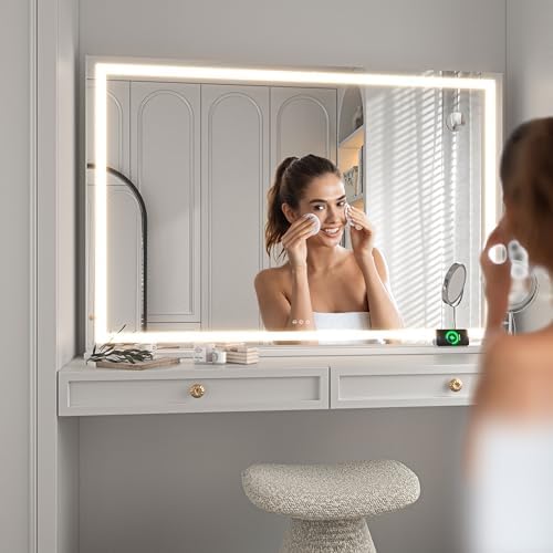 Hasipu Vanity Mirror with Lights, 42" x 30" LED Makeup Mirror, Lighted Makeup Mirror with Dimmable 3 Modes, Touch Screen Control Vanity Mirror Square White - Image 5