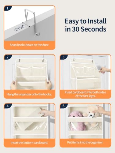 Yecaye 5 Tier Over the Door Organizer, Swing-proof Door Organizer Hanging with Clear PVC Windows, Behind the Door Storage for Bedroom Nursery Closet Laundry Pantry Bathroom, Cream White - Image 5