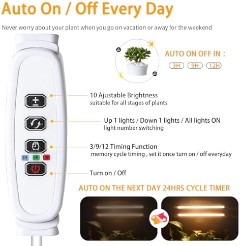 Hywyimlait Two Strip Growing Lamp for Indoor Plants, 3500K Full Spectrum LED Grow Light Strips with Auto ON/Off 3/9/12H Timer & 10 Dimmable Levels for Green House Succulent (2 Headx2 Pack) - Image 3