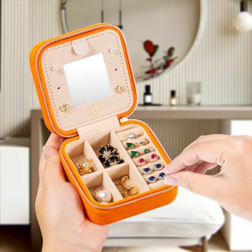 TRODANCE Plush Velvet Travel Jewelry Case Organizer, Small Travel Jewelry Box,Portable Jewelry Box Travel Mini Organizer Portable Display Storage Box For Rings Earrings Necklaces (Orange) - Image 2