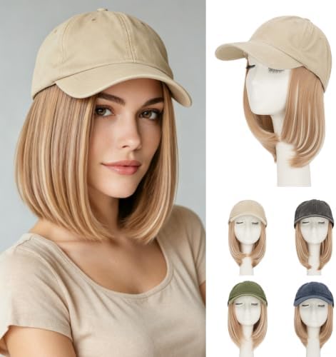 Rich Choices Hat Wigs for Women/Men,Khaki Baseball Cap with Hair Extensions for Women,Short Bob Hairstyle Caps with Hair Attached Adjustable Baseball Cap Wig 6 Inch Highlighted Honey Blonde Hair by RichChoices