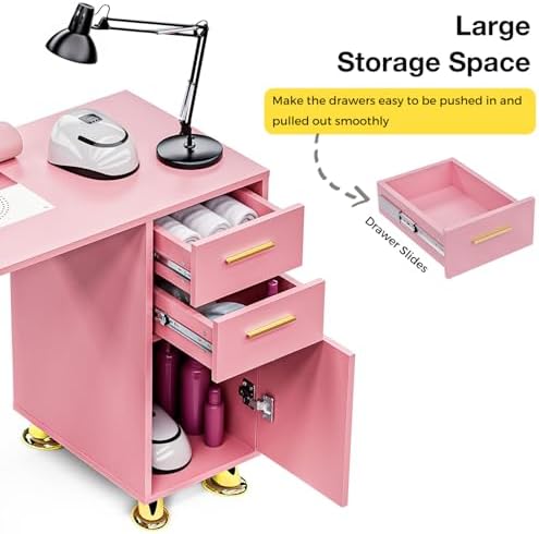 Manicure Table with Dust Collector, Large Storage Nail Desk (Pink) - Image 4