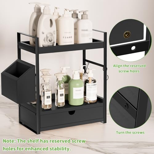 2-Tier Bathroom Counter Organizer, Wooden Vanity Shelf with Drawer & Basket - Image 4