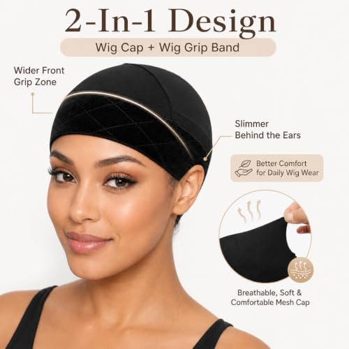 2 Pack Wig Grip Caps for Women Non Slip, 2-in-1 Modal Wig Cap with Velvet Grip Band & Silicone Grip, Hair-Friendly Short Hook Closure, Black Glueless Wig Cap for Lace Front Wigs, Fits 18.5-23 Inch - Image 2
