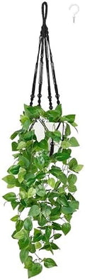 Mkono Fake Hanging Plant, Macrame Hanger with Pothos Vines & Pot, Black by Mkono