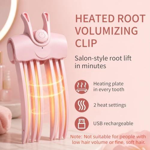 Heated Hair Volume Clip, Root Lifter Comb with Heat Settings (Pink) - Image 2