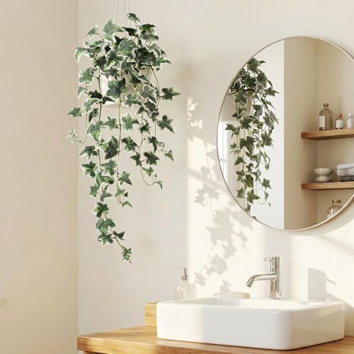 Fake Ivy Hanging Plant - Artificial Plants Indoor with Pots Set of 2, Fake Potted Plants for Outdoor, Silk Faux Greenery Pothos for Wall Tabletop Desk Decor, White Green 33In - Image 5