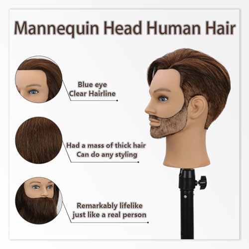 Sirydtm12" Barber Mannequin Head Male 100% Real Hair Blue eyes Mannequin Head with Human Hair Styling Practice Doll Head for Practicing Haircut & Hairdresser Manikin Doll Head With Free Clamp Stand(4) - Image 4