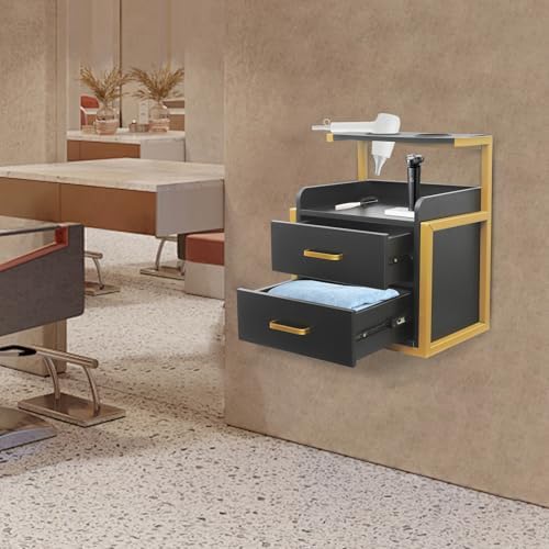 Bepritm Suspended Salon Station, Wall Mounted Salon Cabinet with 2 Drawers & Hair Dryer Stand, Wall Mounted Salon Storage Cabinet for Hair Salon, Bathroom, Bedroom (Gold+Black) - Image 2