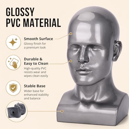 Male Mannequin Head 13.7", Silver Gray Wig Hat Display Stand - Image 4