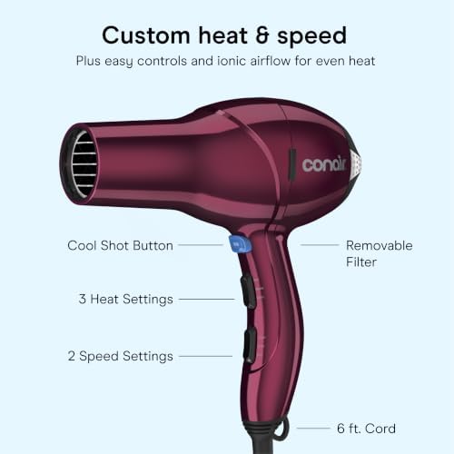 Conair Hair Dryer with Diffuser, Concentrator & Round Brush, Burgundy - Image 4