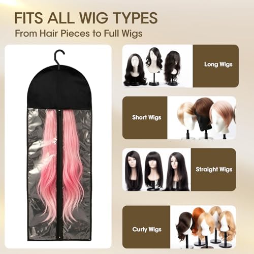 14Pcs Wig Storage Set with Hangers – 8 Small Bags for Hair Pieces +6 Extra Long for Full Wigs, Hair Extension Holder Organizer, Dust-Proof Anti-Tangle Wig Bags with Transparent Window for Home Travel - Image 4