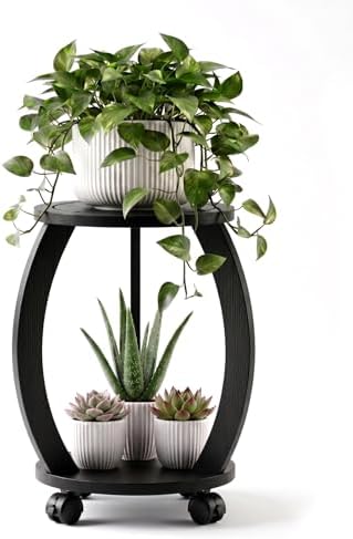2 Tier Wooden Plant Stand Indoor with Wheels – Tall Plant Stand for 6-12 Inch Pots, Mid-Century Modern Rustic Plant Table Indoor, Pedestal Stand for Corner, Living Room, Balcony, Black by Unknown