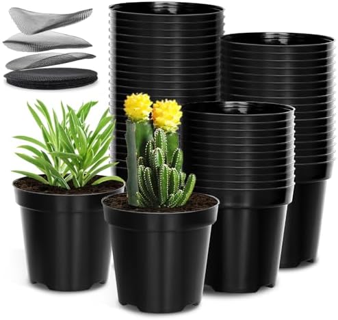 RooTrimmer 40 Pack 4 Inch Plant Nursery Pots with Mesh Pad, Sturdy Plastic Flower Planter Pots with Drainage Holes, Seed Starter Pots for Planting Seedings Cuttings Succulents Indoor Ourdoor, Black by RooTrimmer