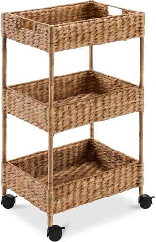 Best Choice Products 3-Tier Water Hyacinth Rolling Nursery Caddy w/Wheels, Utility Cart, Storage Organization for Bathroom, Craft Room, Laundry Room - Chestnut by BestChoiceProducts
