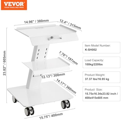 VEVOR Esthetician Cart with Swivel Wheels, 3-Tier Rolling Beauty Salon Trolley, Steel Metal Mobile Storage Tray for Lab, Clinic, Spa & Tattoo Studios, 220 lbs Weight Capacity - Image 7