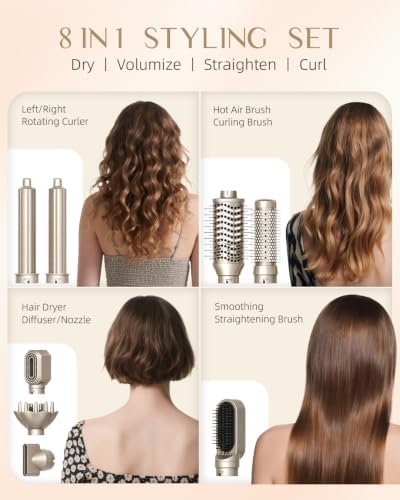 RUCHA 8 in 1 Hair Styler & Hair Dryer Brush Blow Dryer, 110,000 RPM High Speed Nora Hair Styler, Multi Professional Hot Air Styler for Straightening Curling Volumizing Drying, Champagne Gold - Image 2
