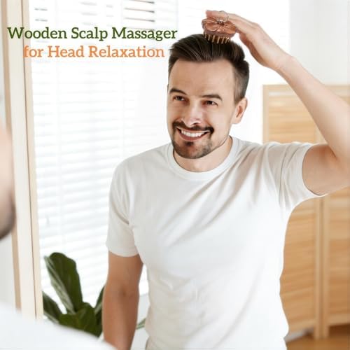 Wooden Scalp Massager for Hair Growth, Bamboo Head Brush with 54 Thin Teeth to Stimulate Circulation, Hair Massage Natural Gua Sha Matte Brush Tool for Face & Body, Flower Design with Ring (1 Pack) - Image 4