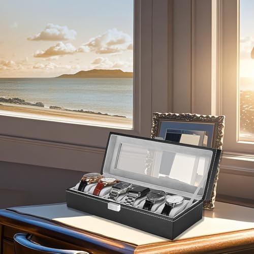 Watch Box for Men,Organizer 6 Slot Watch Display Case,Men Jewelry Box Storage Case,Lined with Soft Velvet and Holder Organizer for Women -6 Slot, Black - Image 6
