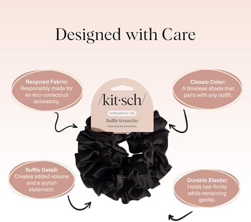 Kitsch Ruffle Satin Scrunchies For Women - Gentle Hair Tie - Black, 1pc - Image 4