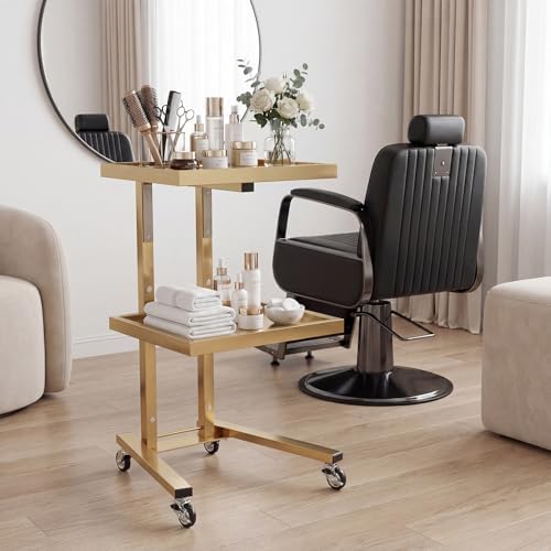 2-Tier Metal Rolling Cart – 34-Inch Folding Stainless Steel Salon Tray on Wheels, Utility Storage Trolley for Estheticians, Salon Studios and Shops, Dental Tools, Gold - Image 3