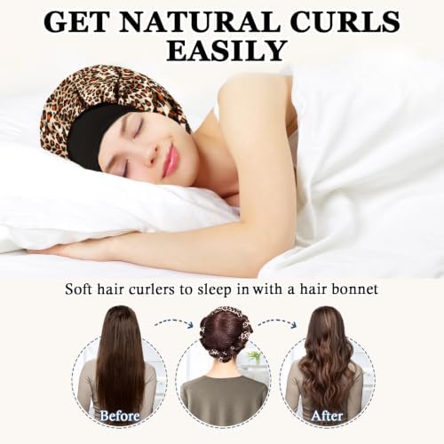 Gwabee Heatless Curls Overnight Hair Curlers to Sleep In, 9 PCS Velvet Heatless Hair Curler Overnight Curls for Women Long Hair Volumes, Heatless Curling Waves Set with Sleep Bonnet - Orange Leopard - Image 2