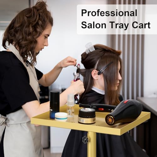 Salon Rolling Tray Hair Stylist Tray Cart, Tattoo Tray Dental Tray Adjustable Height, Metal Service Tray Trolley, Medical Storage Tray Cart Rolling Trolley (Champagne Gold) - Image 5