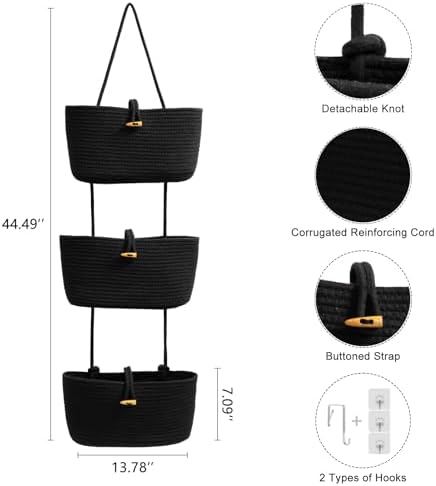 TeoKJ Over the Door Hanging Baskets with Button Strap, 3-Tier Woven Cotton Storage Organizer Bag, Wall-Mounted with Hook Decorative Hanging Nursery Baskets - Black - Image 2
