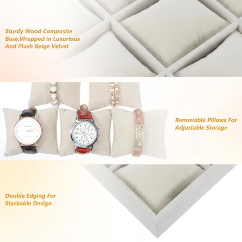 2 Pack 12 Grid Velvet Watch Tray Organizer with Removable Pillows - Stackable Bracelet & Bangle Display Holder for Drawer, Store, or Travel - Beige - Image 3
