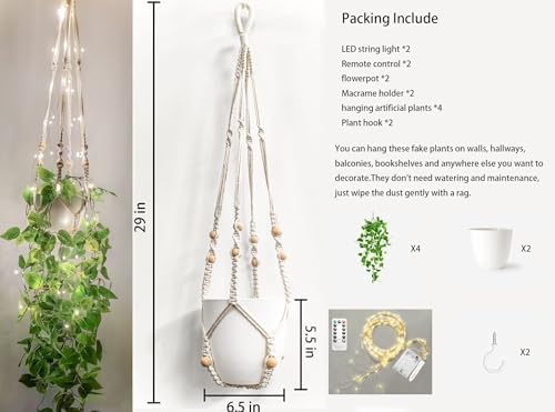 2 Packs Fake Hanging Plant with lights Artificial Plants with Pots for Home Decor Macrame Plant Hanger with Faux Vines Greenery for Bedroom Bathroom Room Ceiling Wall Boho Decor Indoor Outdoor - Image 3