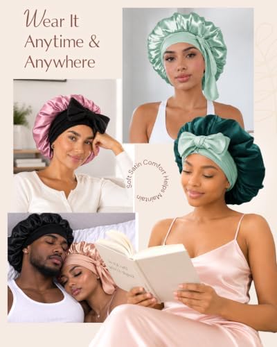 BONNET QUEEN Silk Bonnet for Sleeping Women HYALURONIC Acid Reversible Double Layer Satin Bonnet Night Sleep Cap Wrap for Curly Hair with Adjustable Tie Band & Scrunchie, Sage & Dark Green - Image 6