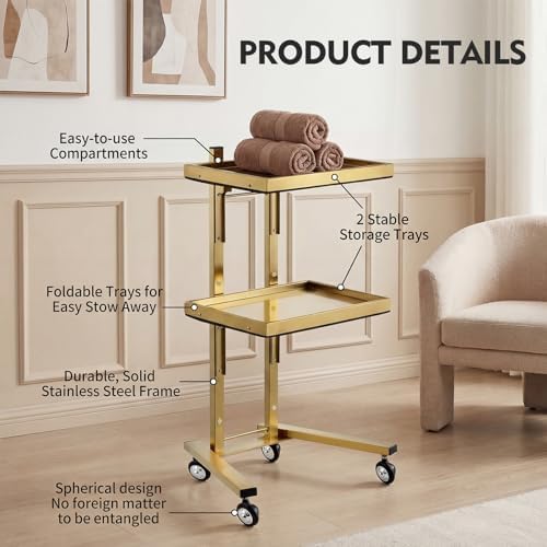 2-Tier Metal Rolling Cart – 34-Inch Folding Stainless Steel Salon Tray on Wheels, Utility Storage Trolley for Estheticians, Salon Studios and Shops, Dental Tools, Gold - Image 5