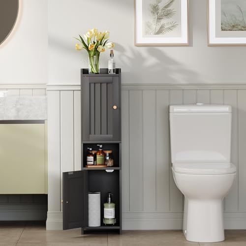 Bathroom Cabinet with 2 Doors, 7.3 x 9.8 x 40.4 Inches, Small Freestanding Storage Cabinet with Adjustable Shelf, Floor Cabinet for Small Spaces, Bathroom, Entrances, Kitchen, Black - Image 2