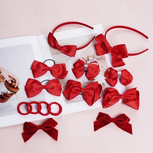 phnydreg Girl Red Hair Bow Accessories 14 Pieces Uniform Hair Bows Hair Clips Headband for School Toddler Girls - Image 4